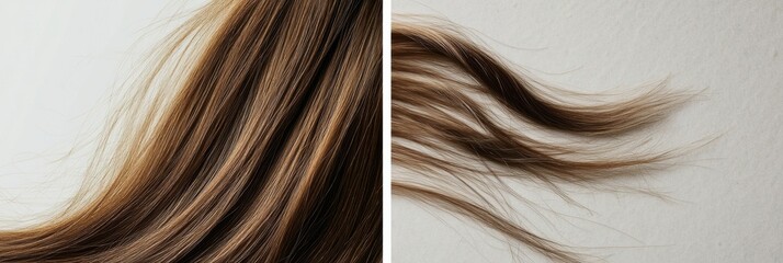 Poster - Comparison of healthy smooth hair strand alongside a brittle damaged strand highlighting hair health. Generative AI