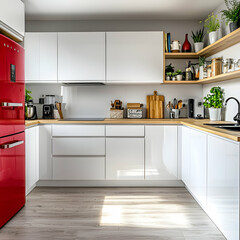 Wall Mural - Modern kitchen interior design, sunlight, wooden counter, white cabinets, red refrigerator. Ideal for home design websites or magazines