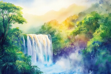 Poster - Exploring a tranquil waterfall amid lush greenery and vibrant hues in a serene natural landscape. Generative AI