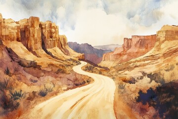 Fototapete - Winding dirt road through scenic desert canyon landscape under a bright sky in warm tones. Generative AI