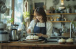 © BrightSpace - woman in her thirties wearing apron decorates cake in cozy kitchen. remote workspace, work from home