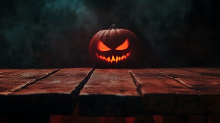 Canvas Print - Glowing Halloween pumpkin on rustic wooden table with smoke.