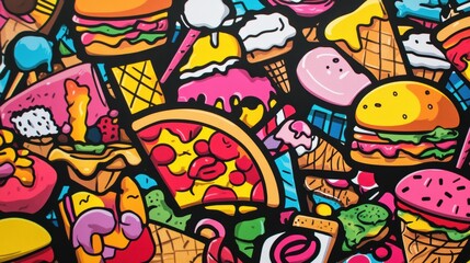 Poster - Playful food stickers showcasing vibrant pizza slices and various delicious treats for creative expression. Generative AI