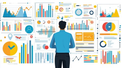 Wall Mural - Business Analyst Reviewing Colorful Data Visualizations and Statistical Graphs for Insightful Decision-Making