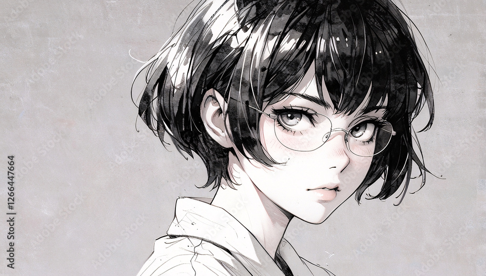 Elegant black and white ink sketch of an anime girl with short hair and ...