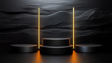 Wall Mural - Dark Minimalist Product Display Platform Glowing Amber Lights. AI Generated