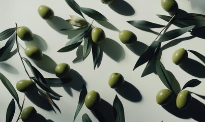 Wall Mural - A serene arrangement of green olives and leaves on a soft background, showcasing natural beauty