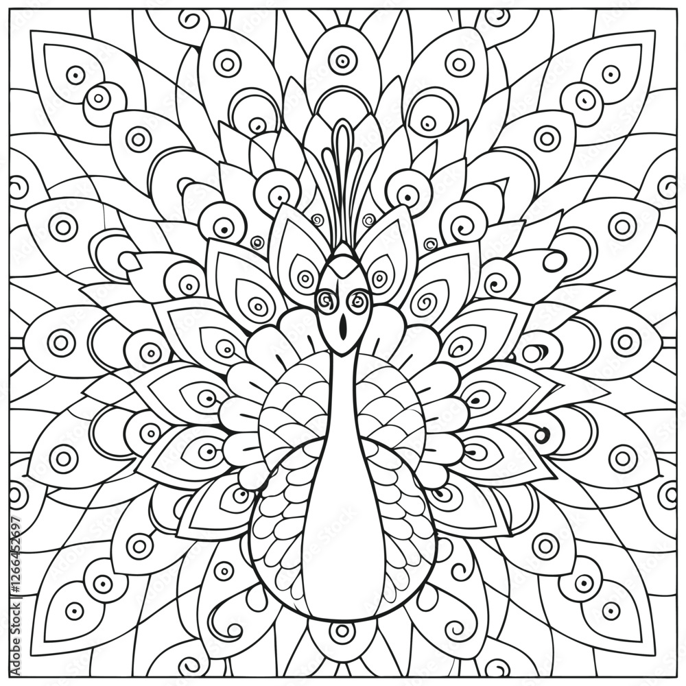 Peacock Coloring Page: Intricate Zentangle Style Bird Illustration for