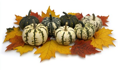 Wall Mural - A vibrant display of various pumpkins surrounded by colorful autumn leaves on a white background