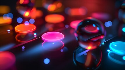 Wall Mural - neon lights illuminate spheres and circles in a vibrant digital art piece.