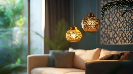 Canvas Print - Two ornate pendant lamps illuminate a cozy living room with a beige sofa, plants, and patterned wall art.