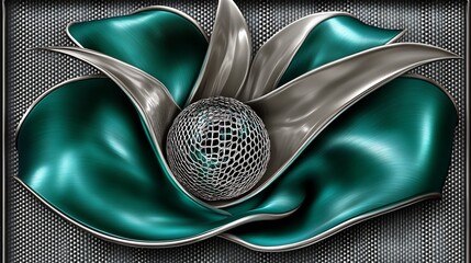 Wall Mural - Teal silver abstract flower design glows softly elegant metallic sheen. AI Generated