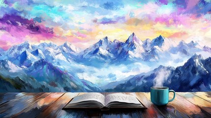 Wall Mural - Serene mountain vista artfully painted opens before an inviting open book and warm drink. AI Generated