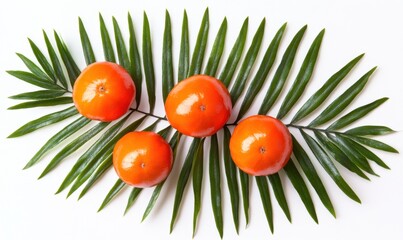 Wall Mural - Fresh oranges arranged on green palm leaves against a white background, ideal for food styling