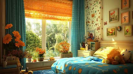 Sticker - Colorful children's room with large window and natural sunlight