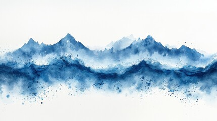 Wall Mural - Watercolor painting of blue mountains and waves, evoking tranquility.