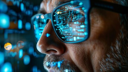 Man with Glasses Observing Digital Data Stream Futuristic Technology Concept