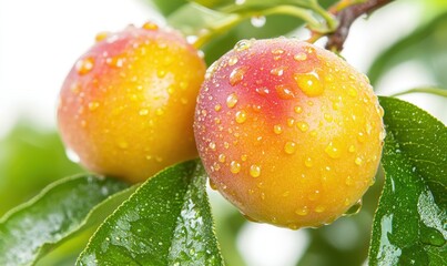 Wall Mural - Freshly harvested peaches with droplets on leaves, set against a bright, natural background