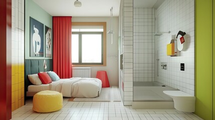 Sticker - Modern kids' bedroom with a private bathroom featuring clean white tiles