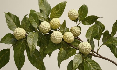 Wall Mural - Lush green branch featuring textured fruit against a neutral background, ideal for botanical use