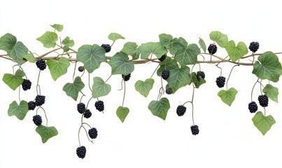 Wall Mural - Lush green ivy vine adorned with ripe blackberries hanging elegantly against a white backdrop