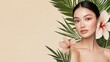© Mr.PJ - Tropical Beauty:  A captivating portrait of an Asian woman with flawless skin and alluring eyes, adorned with vibrant pink hibiscus flowers and lush tropical foliage. She exudes serenity and radiance.