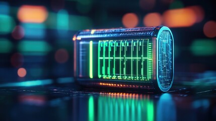 Futuristic device, glowing display, city bokeh, tech concept