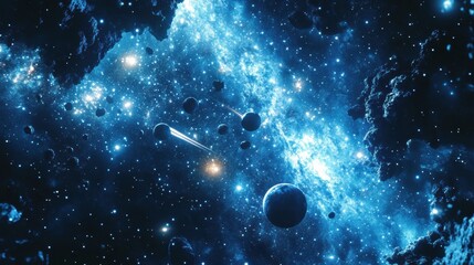 Poster - Beautiful cosmic scene filled with glowing stars, planets, and shimmering dust throughout the vast universe. Generative AI