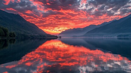 Wall Mural - Stunning Sunset Over Mountain Lake with Vibrant Colors and Reflection