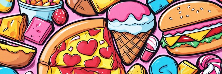 Leinwandbilder - Playful food stickers featuring pizza slices, ice cream cones, and burgers in vibrant colors on a fun background. Generative AI