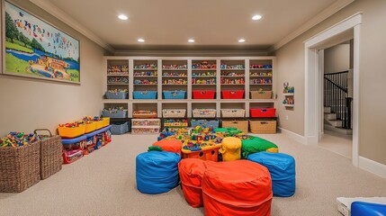 Sticker - Playroom with beige walls and colorful toy storage units