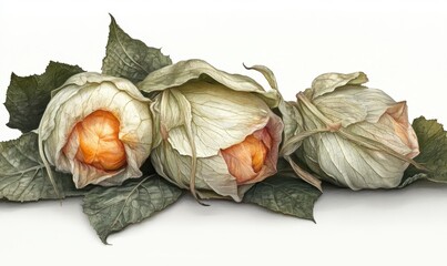 Wall Mural - Three intricately detailed, partially opened flower buds resting on green leaves, showcasing natural beauty