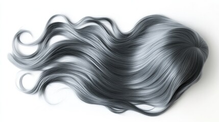 Wall Mural - A beautifully styled wavy grey wig, showcasing smooth texture and realistic volume, isolated on white.