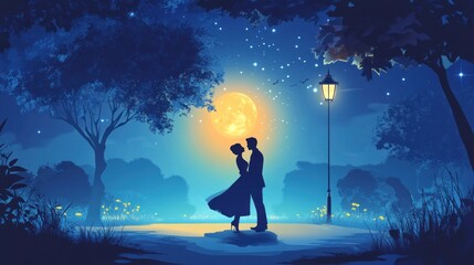 Wall Mural - A romantic silhouette of a couple embracing under a bright moon in a serene nighttime setting.