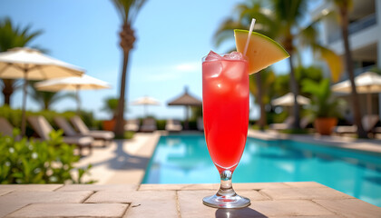 Vibrant red cocktail beside an inviting azure pool - a refreshing escape for travel enthusiasts and social media