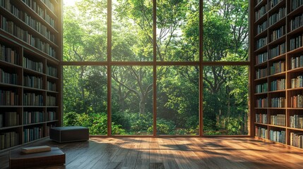 Wall Mural - Cozy Library with Floor-to-Ceiling Windows Overlooking Lush Forest