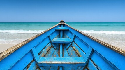 Wall Mural - Blue boat on beach, ocean view, travel, serenity