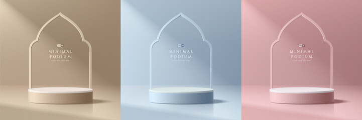 Wall Mural - set of 3d beige, blue, pink podium background. mosque frames in ramadan kareem concept. abstract com