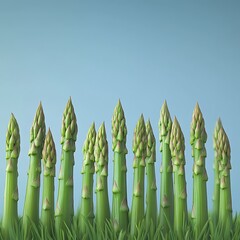 Canvas Print - Asparagus stalks grow in grass, against a bright blue background, used to promote healthy eating