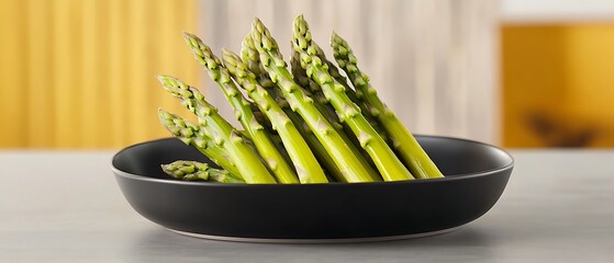 Canvas Print - Asparagus stalks in black bowl. Kitchen background. For recipe, healthy eating or dietary themes