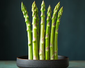 Canvas Print - Asparagus stalks in bowl on counter, dark wall, kitchen decor. For healthy eating or restaurant ad