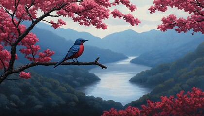 Poster - Bird on branch overlooking river valley with pink blossoms. Peace, serenity, nature themes