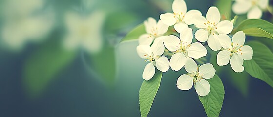 Poster - Blooming, white blossoms with green leaves on a branch against bokeh background, for spring promotions