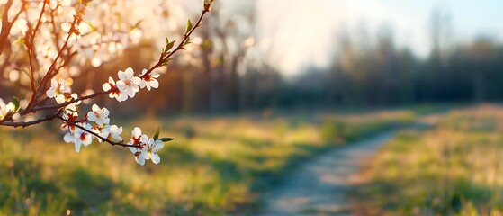 Poster - Blossoming tree branch, path through meadow, early spring, nature awakens