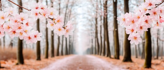 Canvas Print - Blossoms frame empty path in park as petals fall, background for spring ads