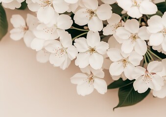 Wall Mural - Blossoms with leaves on beige background, for greetings or promotions