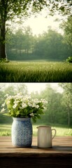 Poster - Bouquet, ceramic jar, and vase on wooden table with meadow background. Still life for home decor