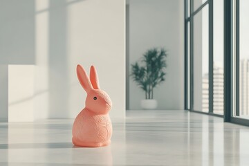 Poster - Bunny stands in hallway, plant in pot visible for decoration, can be used as Easter theme