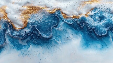 Wall Mural - Abstract fluid art featuring blue and gold swirls resembling ocean waves.