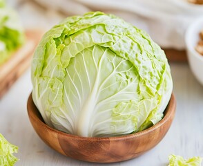 Canvas Print - Cabbage in a wooden bowl on a table. Food prep background, cooking recipe usage